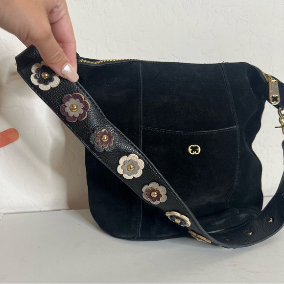 EMMA FOX 100% Leather Suede Bucket Shoulder Bag w/ Floral Appliqué Strap - Picture 5 of 13